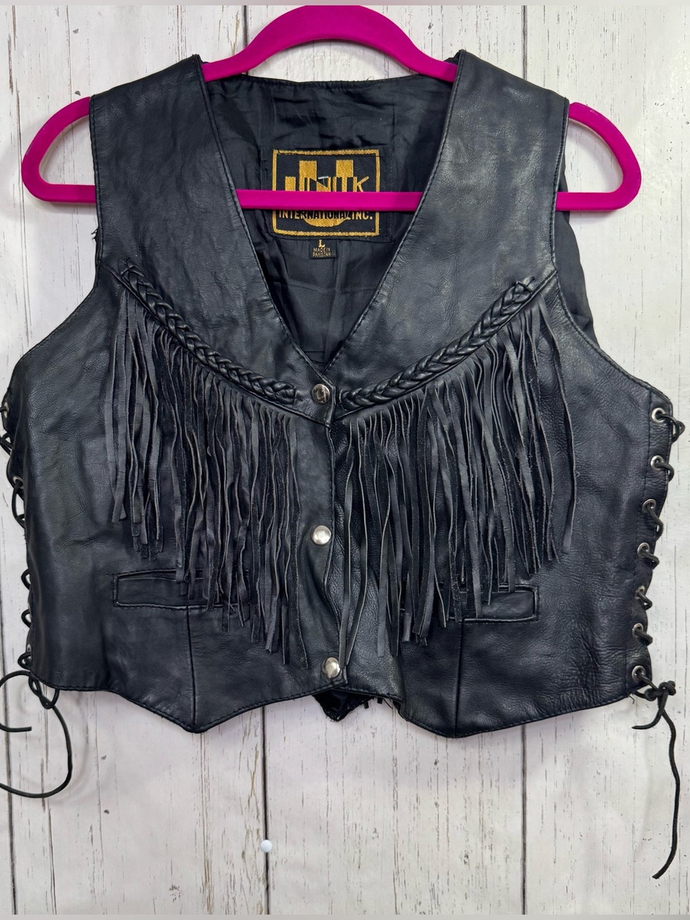 Unik Black Leather Fringe Vest Lace Up Western Biker Motorcycle Cowgirl Rodeo